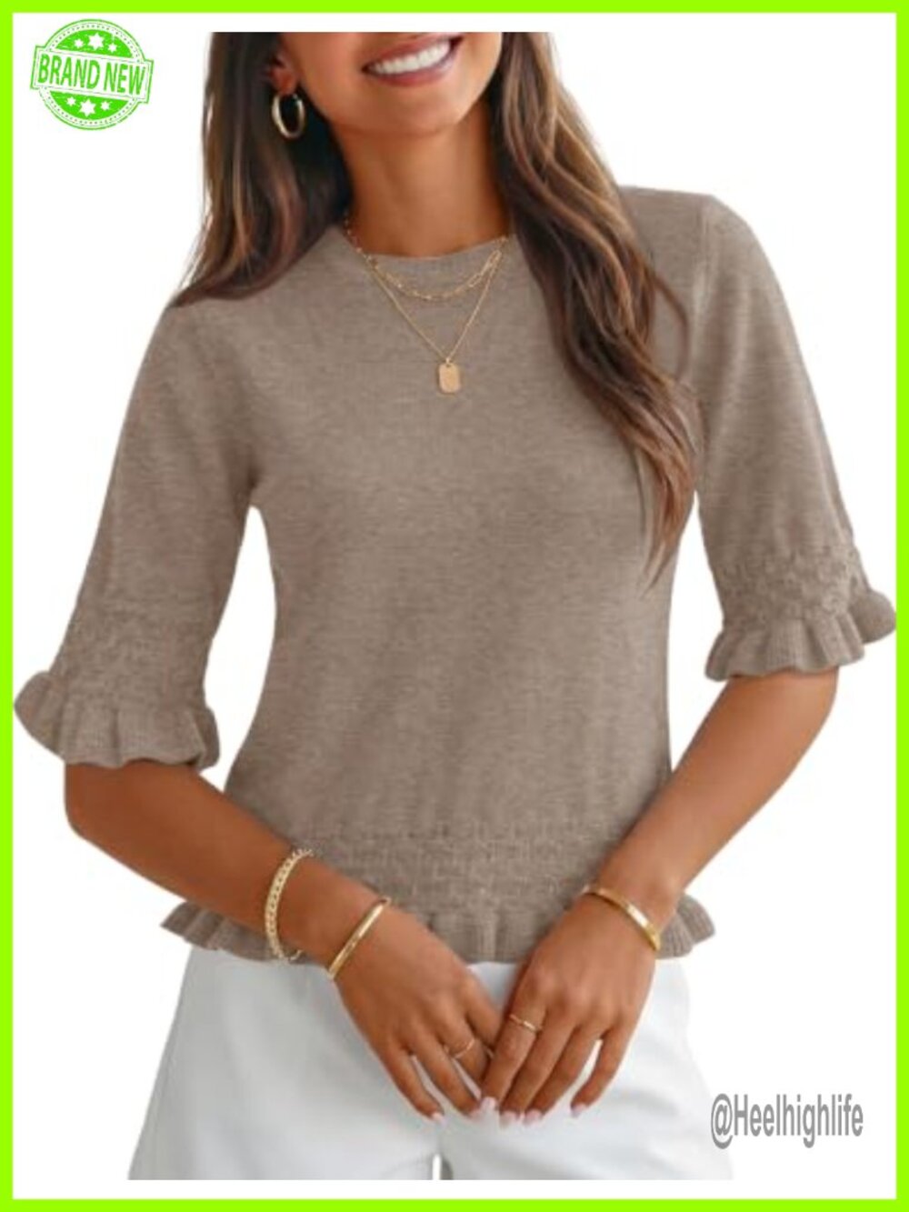 Womens 3/4 Sleeve Peplum Sweater Crewneck Knit Ruffle Hem Top